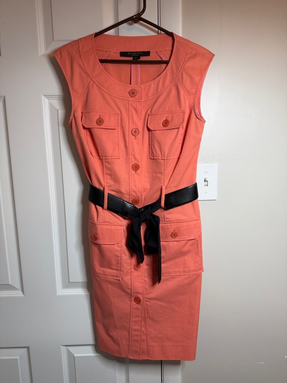 RACHEL Rachel Roy Coral Sleeveless Button-Front Midi Dress with Black Tie Belt
